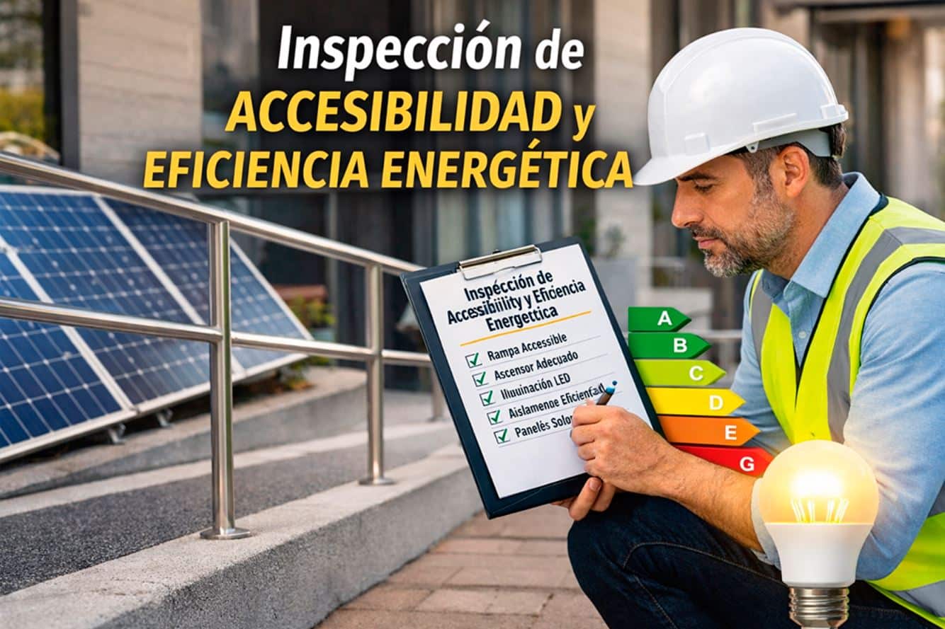 Inspección de accesibilidad y eficiencia energética en edificio con rampa accesible y elementos de ahorro energético