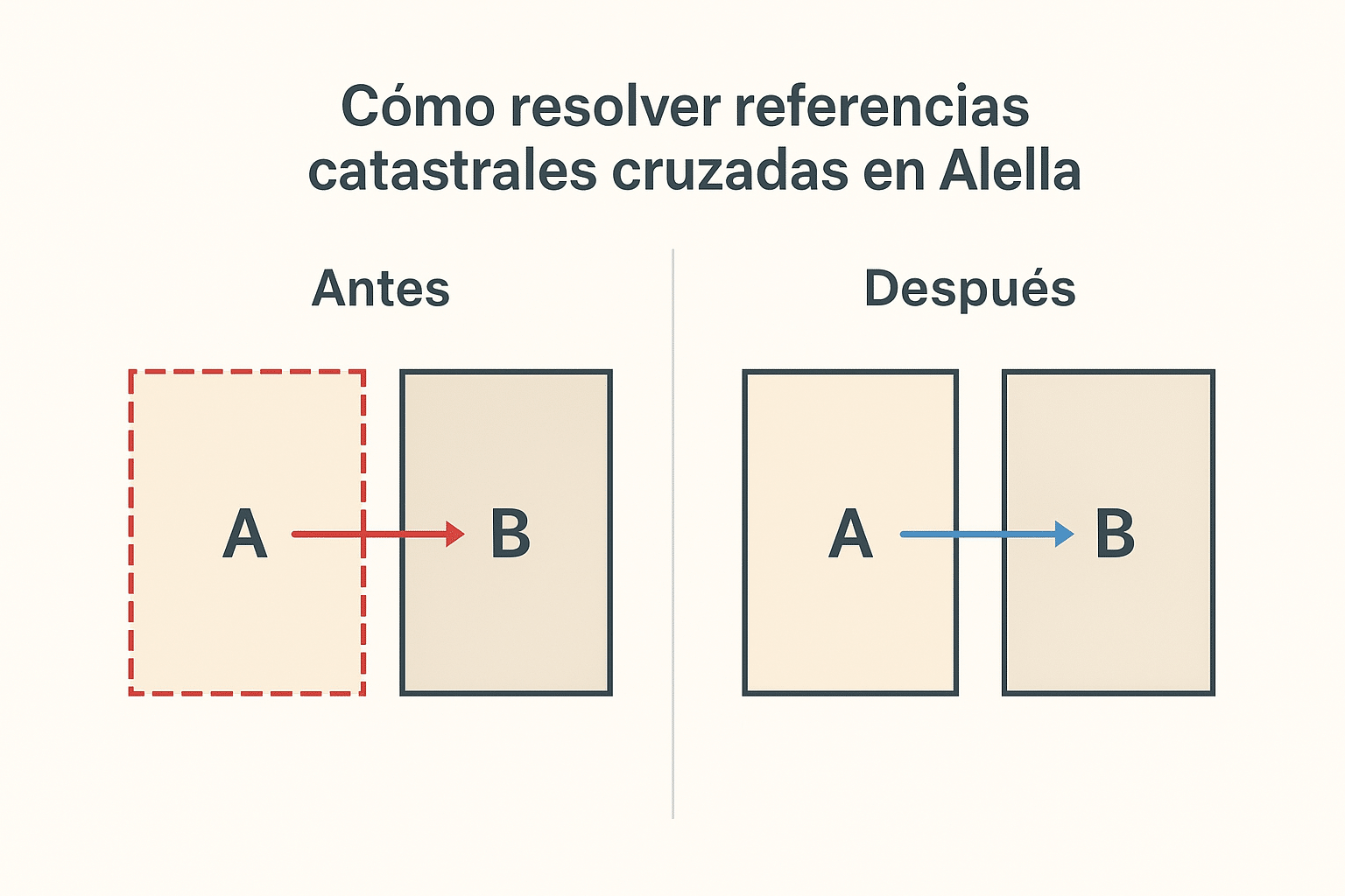 Diagrama de referencias catastrales cruzadas mostrando cómo se corrige la titularidad