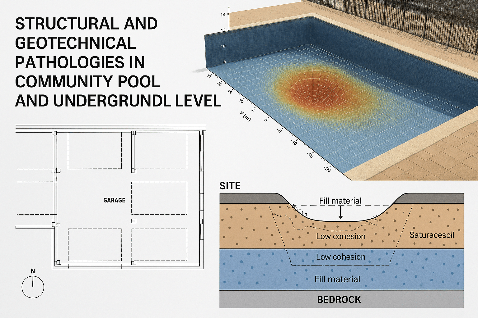 Patologías estructurales y geotécnicas en piscina comunitaria y sótano: hundimiento y terreno inestable