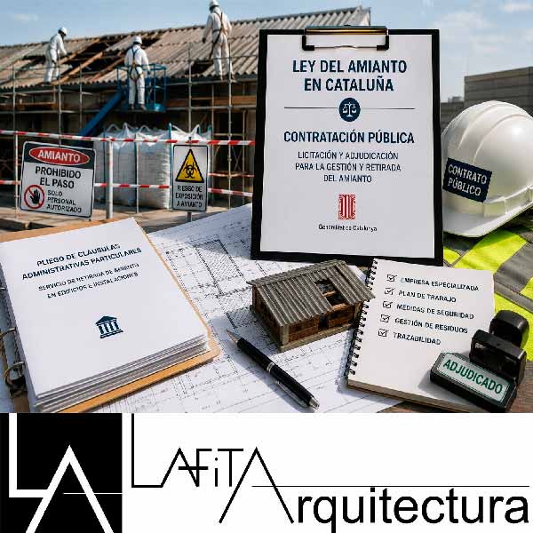 Licitación pública para la retirada de amianto en Cataluña con contrato de obra, casco de seguridad, plano técnico y cubierta de fibrocemento.