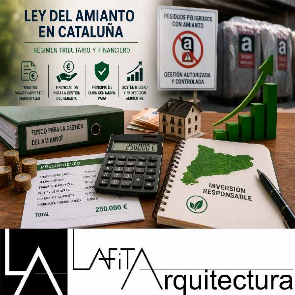 Contenedor controlado de residuos con amianto junto a documentos de financiación y presupuesto para retirada de uralita en Cataluña.