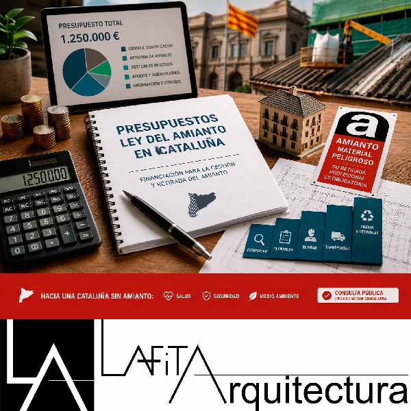 Presupuesto para la retirada de amianto en Cataluña con calculadora, planos de edificio y cubierta de fibrocemento.