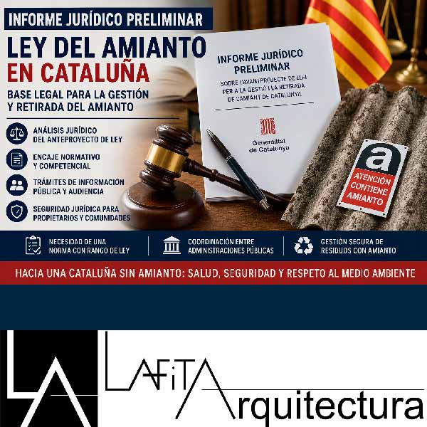 Documento jurídico sobre la ley del amianto en Cataluña junto a una cubierta de fibrocemento con amianto y símbolos legales.