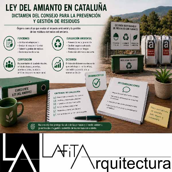 Firma de compraventa de vivienda con certificado técnico de presencia de amianto, plano de edificio y cubierta de fibrocemento al fondo.