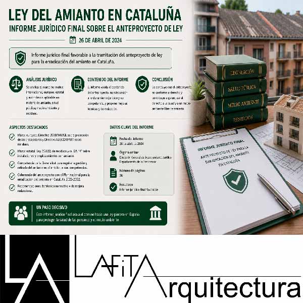 Expediente jurídico final sobre amianto junto a planos de edificio y una inspección técnica de cubierta de fibrocemento.