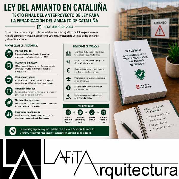 Informe técnico final sobre amianto junto a una comunidad de propietarios y una cubierta de fibrocemento preparada para su revisión.