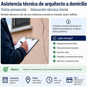 Arquitecto realizando una asistencia técnica a domicilio, inspeccionando una fisura en una vivienda y tomando notas durante la visita.