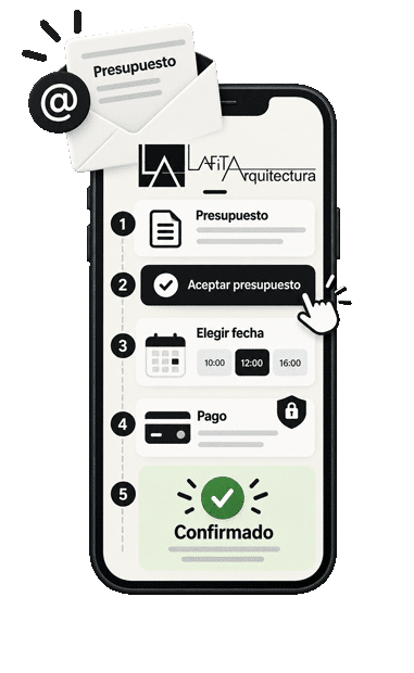 Proceso online de Lafita Arquitectura para solicitar presupuesto de certificado de amianto, aceptación, elección de fecha, pago y confirmación