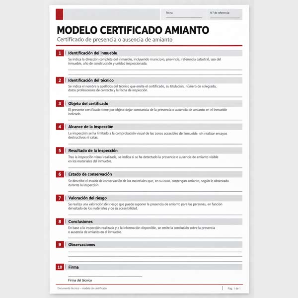 Modelo certificado amianto de presencia o ausencia de amianto